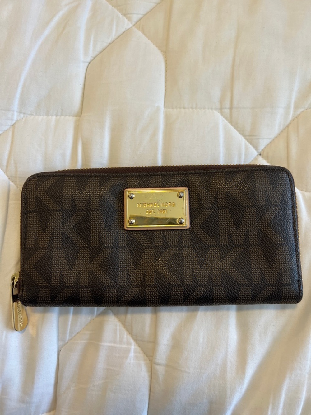 Michael Kors Dark Brown MK Monogram Zip Wallet with Gold Plaque